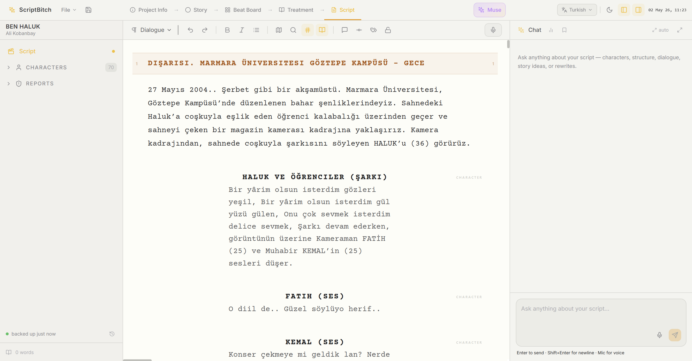 The Scriptopus writing surface — an industry-formatted screenplay editor with Muse, the in-context AI chat, open in the side panel.