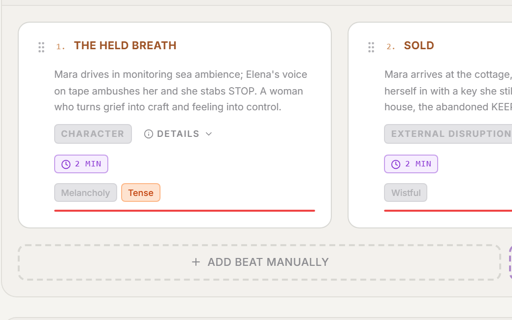 Beat Board card with its beat type, duration and mood tags