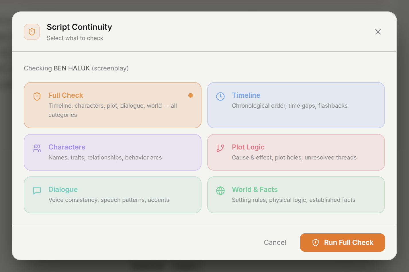 Script Continuity panel with six check categories