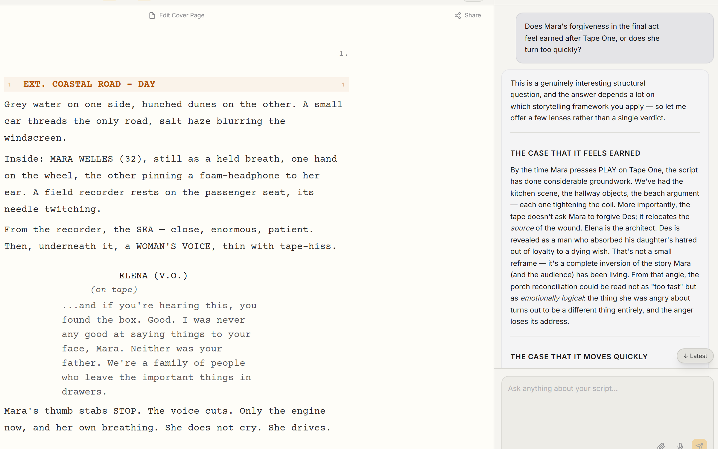 Screenplay editor with the AI chat panel open beside the page