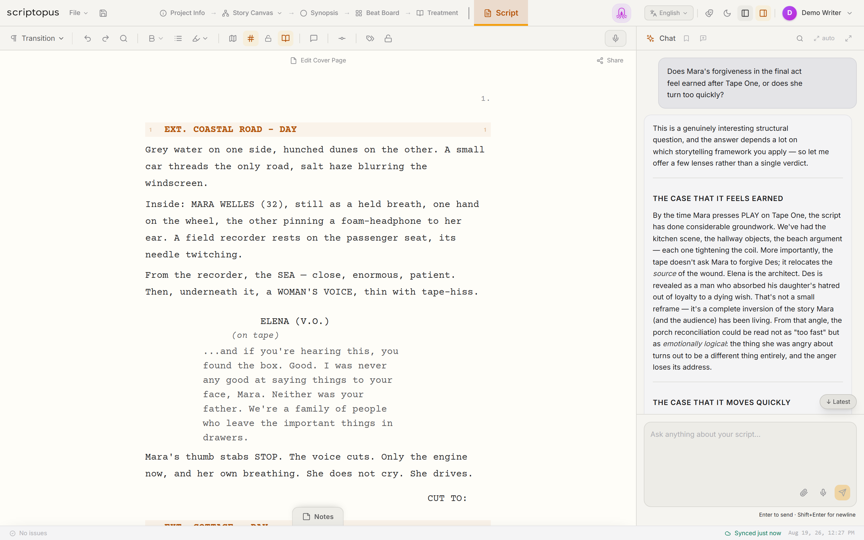 Screenplay editor with the AI chat panel open beside the page