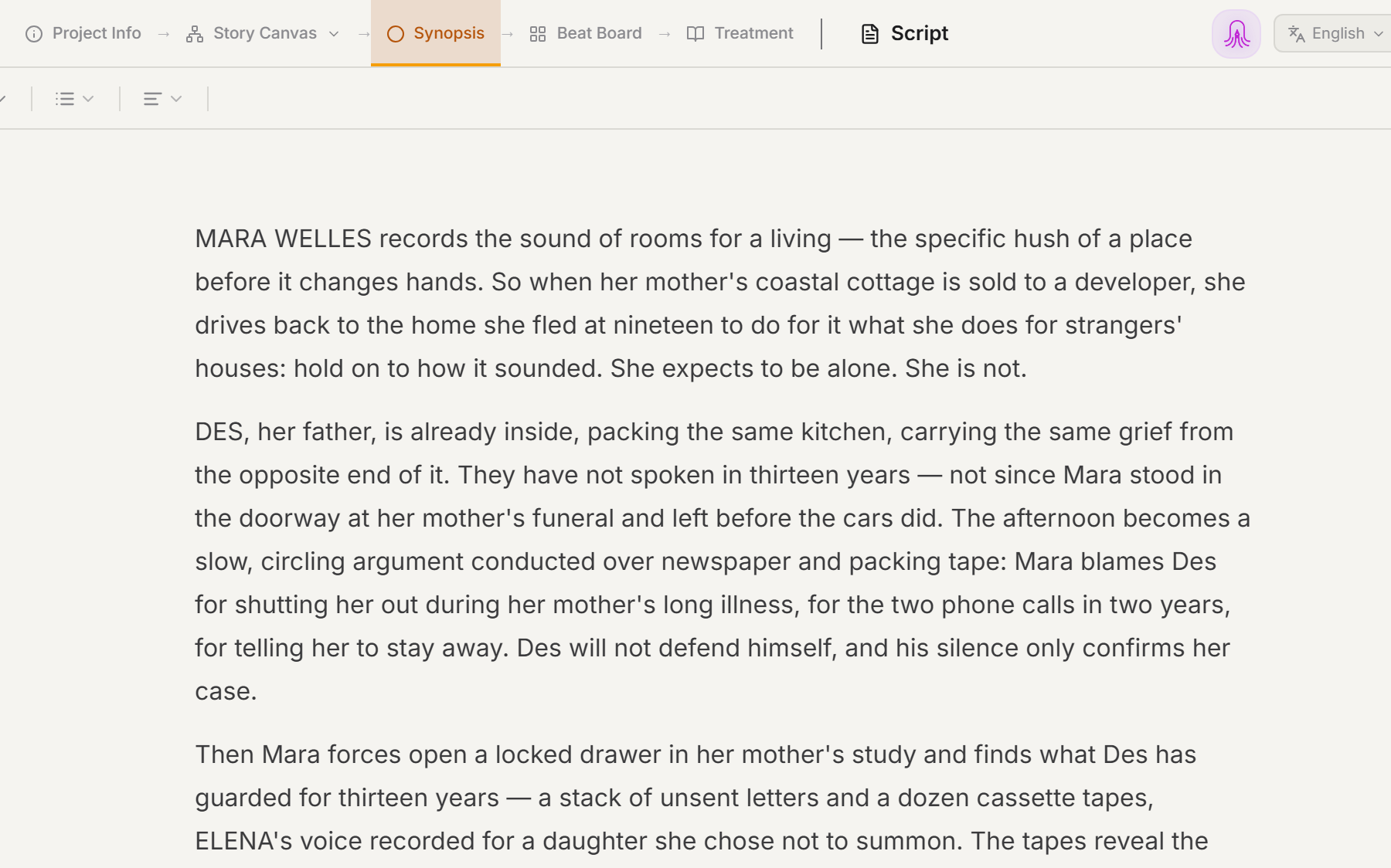 Synopsis editor with Story Canvas, Beat Board, Treatment and Script tabs in one workspace