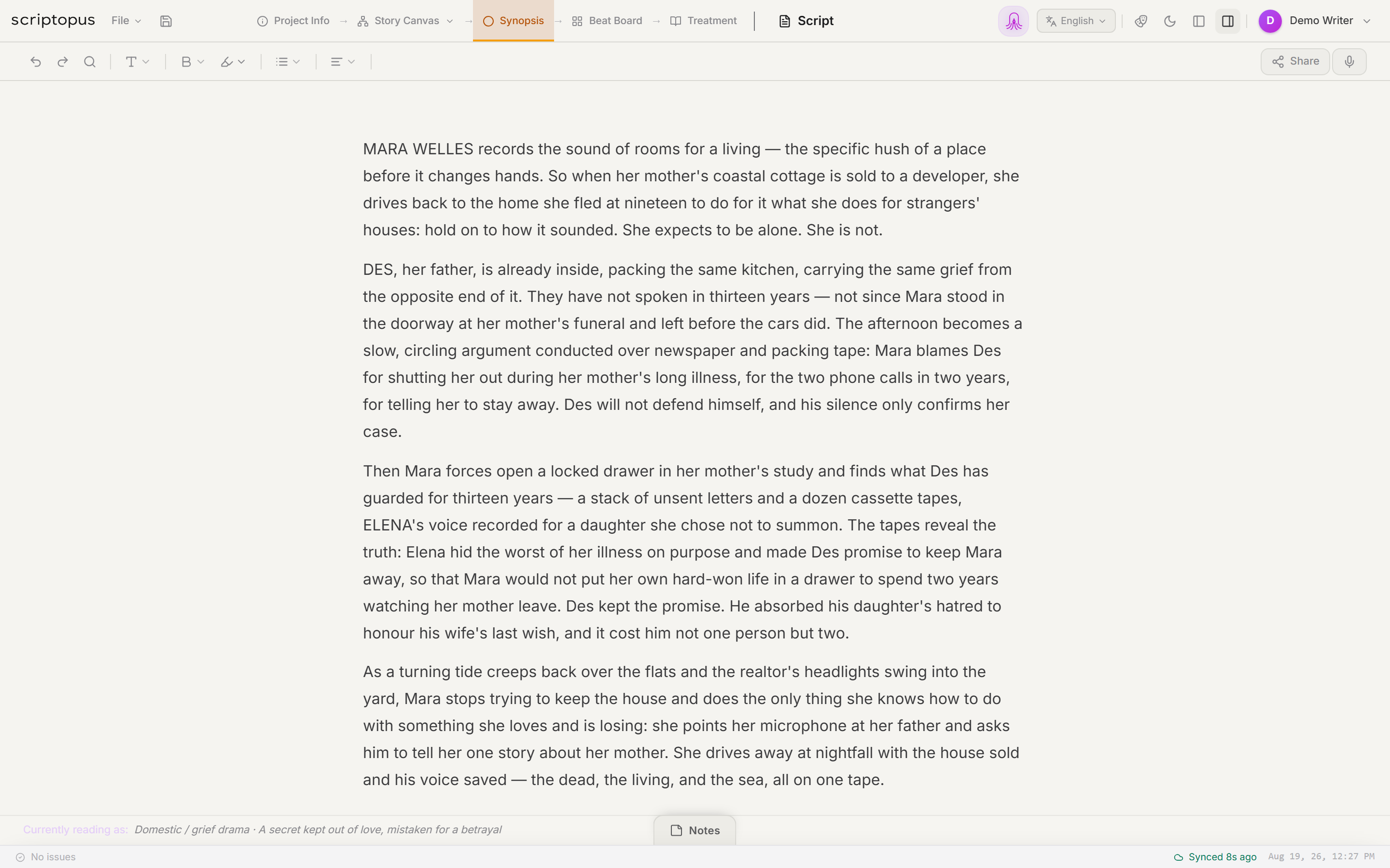 Synopsis editor with Story Canvas, Beat Board, Treatment and Script tabs in one workspace